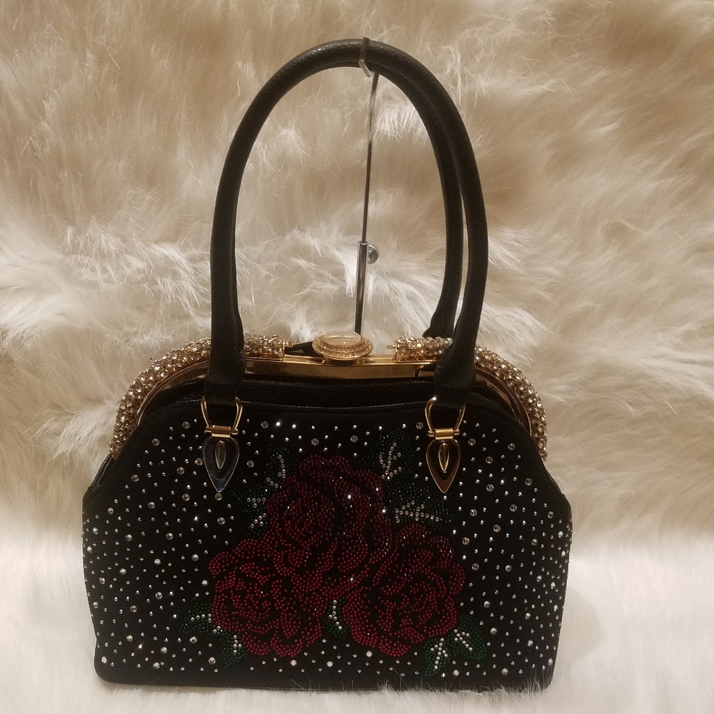 BLACK AND RED ROSE AFRAME BLING DESIGN HANDBAG